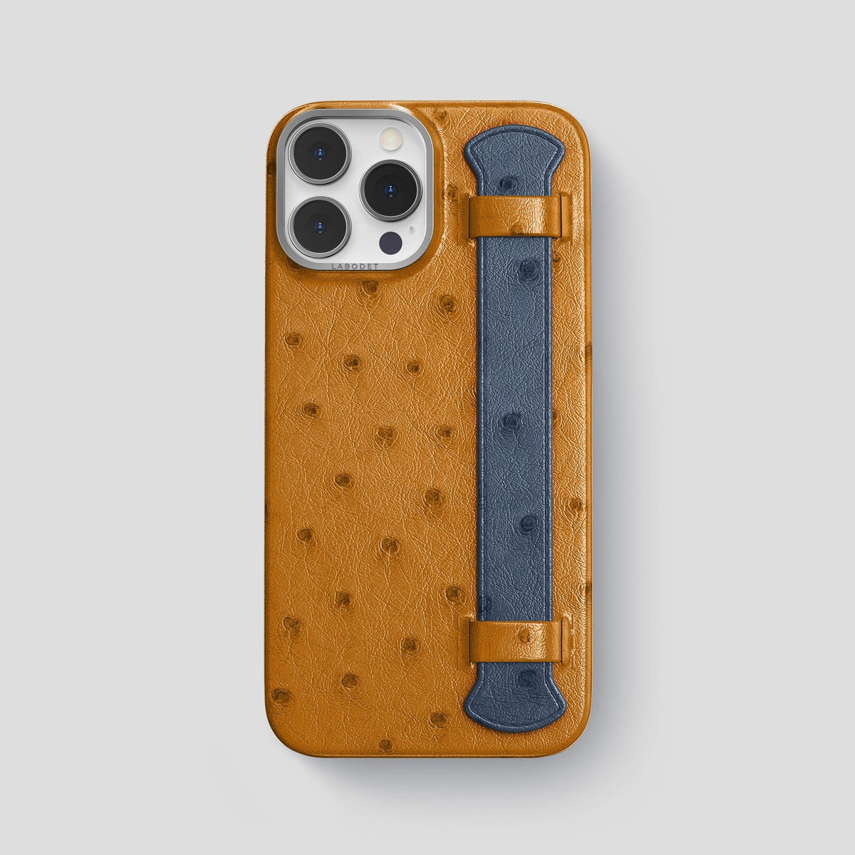 Chestnut-Navy-Blue iPhone 15 Pro Max Handle Case Colore Ostrich with Steel Metal -1 | Chestnut-Navy-Blue-Steel