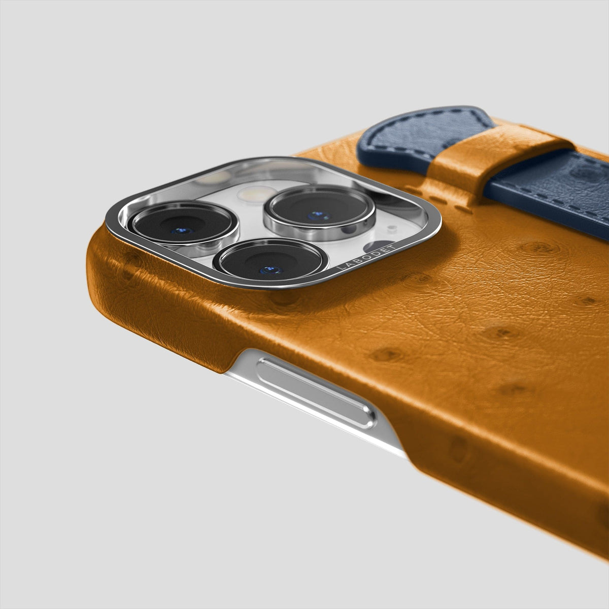 Chestnut-Navy-Blue iPhone 15 Pro Max Handle Case Colore Ostrich with Steel Metal -6 | Chestnut-Navy-Blue-Steel