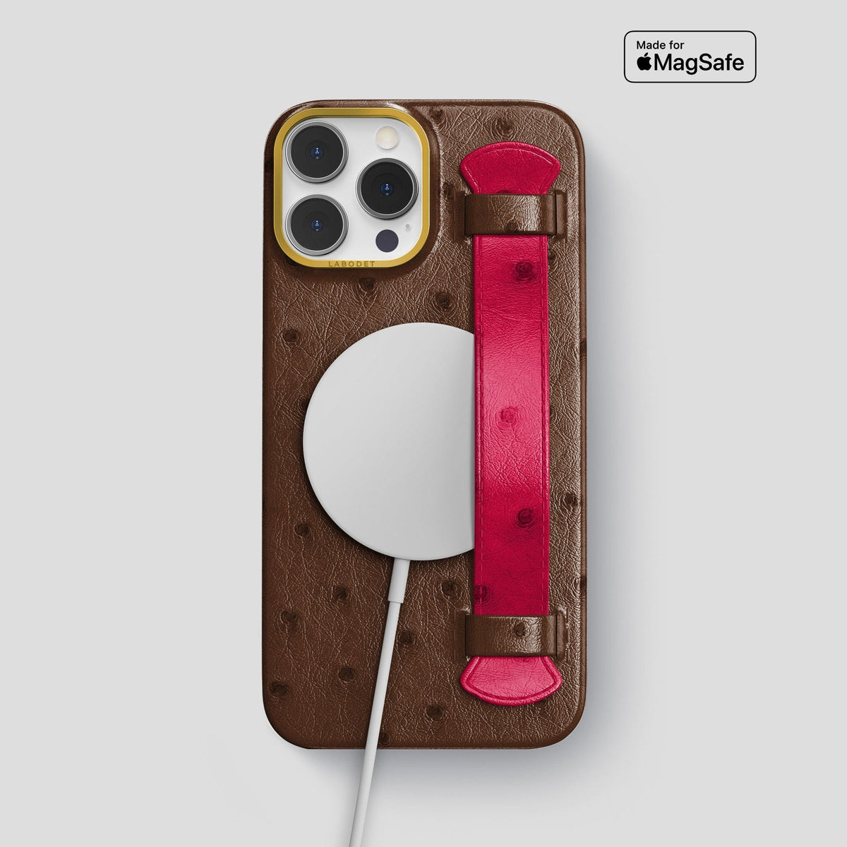 Chocolate-Bordeaux iPhone 14 Pro Max Handle Case Colore Ostrich with Gold Metal -5 | Chocolate-Bordeaux-Gold
