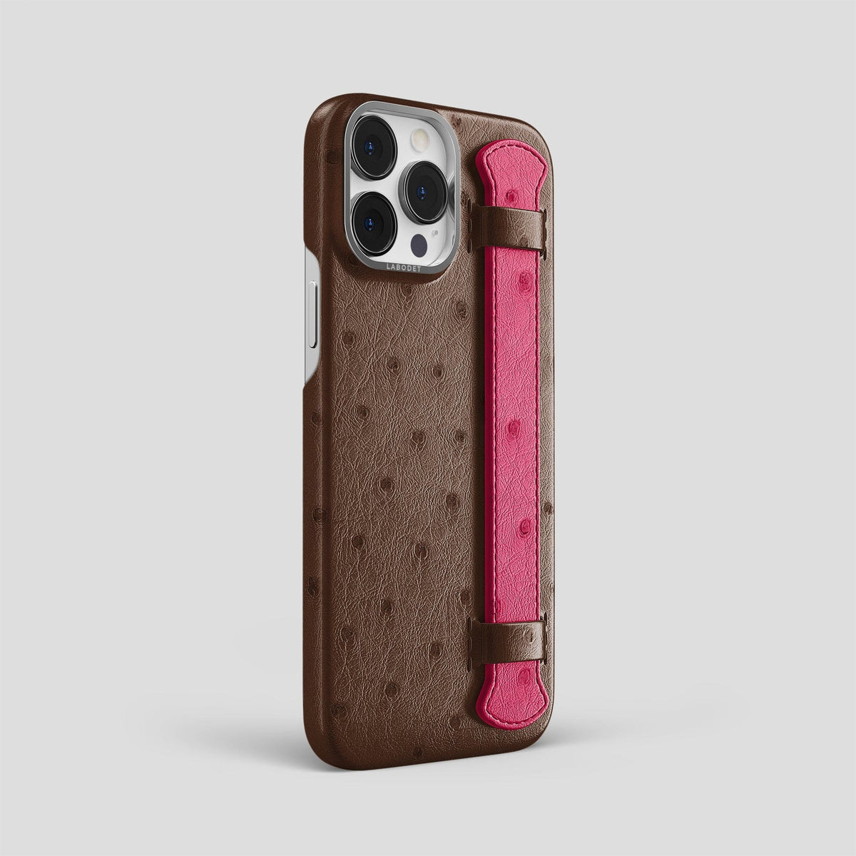 Chocolate-Bordeaux iPhone 14 Pro Max Handle Case Colore Ostrich with Steel Metal -2 | Chocolate-Bordeaux-Steel