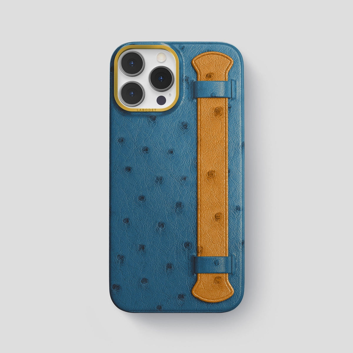 Blue-Jeans-Chestnut iPhone 14 Pro Max Handle Case Colore Ostrich with Gold Metal -1 | Blue-Jeans-Chestnut-Gold