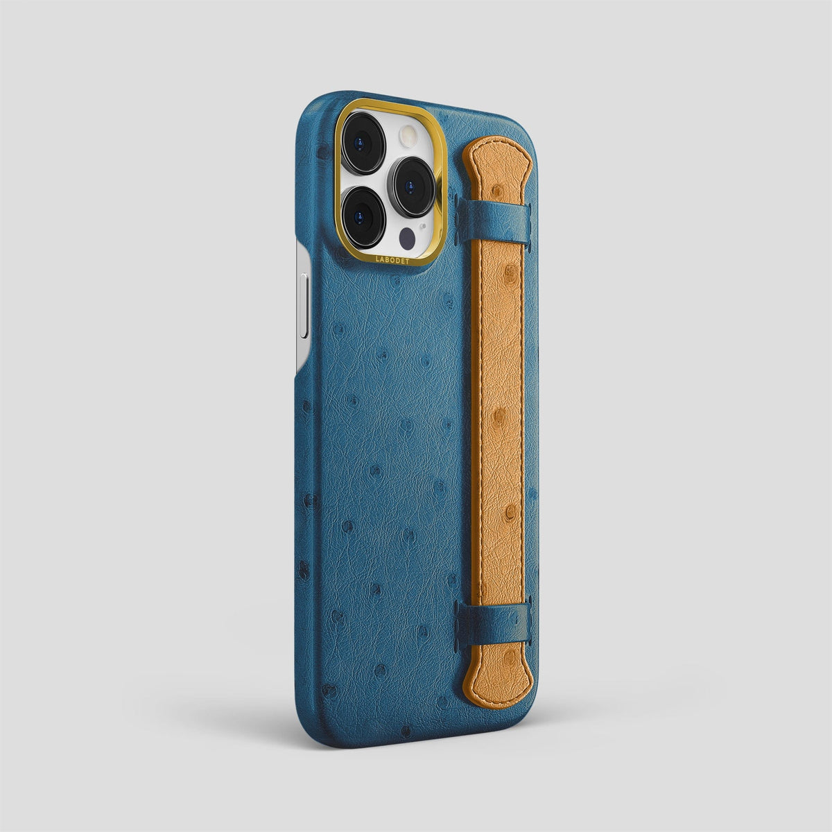 Blue-Jeans-Chestnut iPhone 14 Pro Max Handle Case Colore Ostrich with Gold Metal -2 | Blue-Jeans-Chestnut-Gold