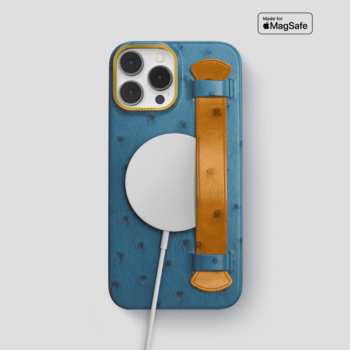 Blue-Jeans-Chestnut iPhone 14 Pro Max Handle Case Colore Ostrich with Gold Metal -5 | Blue-Jeans-Chestnut-Gold
