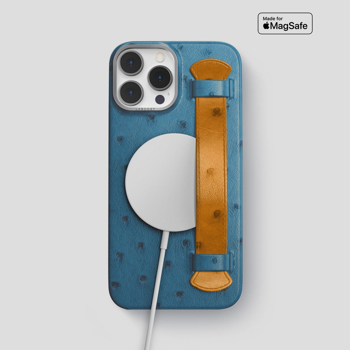Blue-Jeans-Chestnut iPhone 14 Pro Max Handle Case Colore Ostrich with Steel Metal -5 | Blue-Jeans-Chestnut-Steel