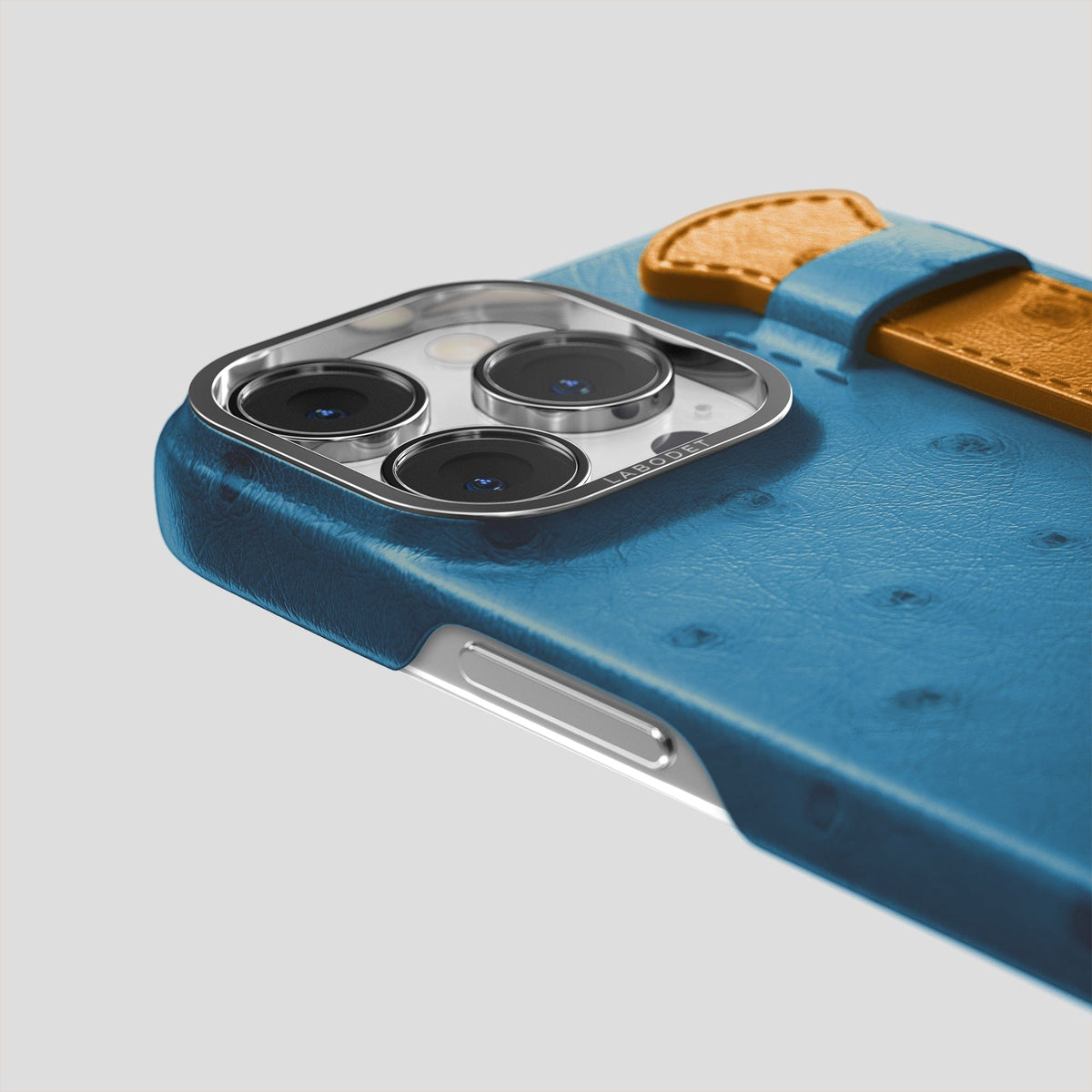 Blue-Jeans-Chestnut iPhone 14 Pro Max Handle Case Colore Ostrich with Steel Metal -6 | Blue-Jeans-Chestnut-Steel