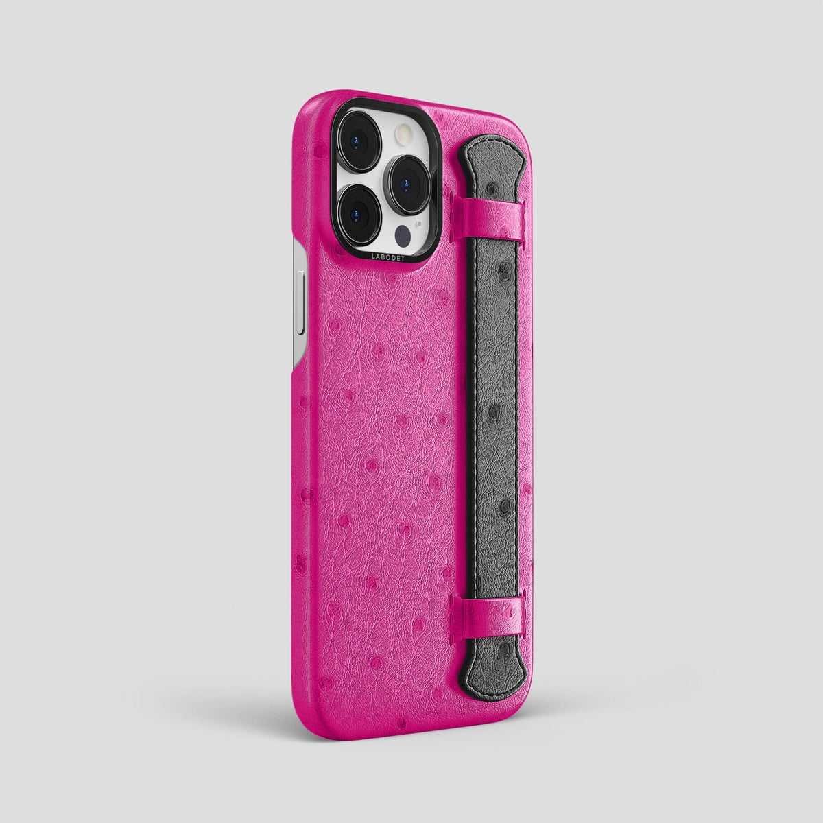 Fuchsia-Black iPhone 15 Pro Max Handle Case Colore Ostrich with Black Metal -2 | Fuchsia-Black-Black