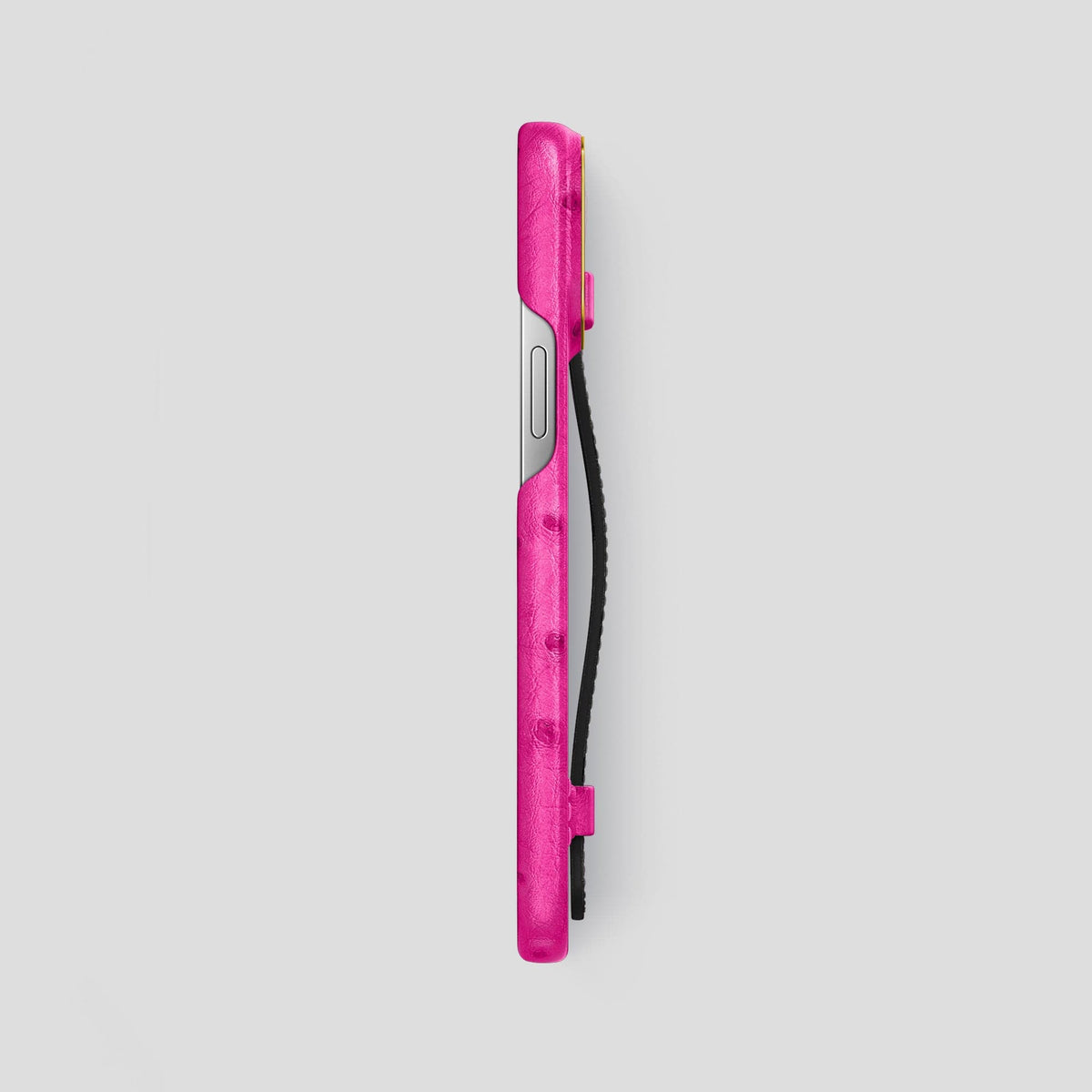 Fuchsia-Black iPhone 15 Pro Max Handle Case Colore Ostrich with Gold Metal -3 | Fuchsia-Black-Gold