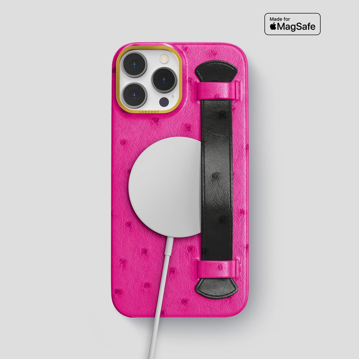 Fuchsia-Black iPhone 14 Pro Max Handle Case Colore Ostrich with Gold Metal -5 | Fuchsia-Black-Gold