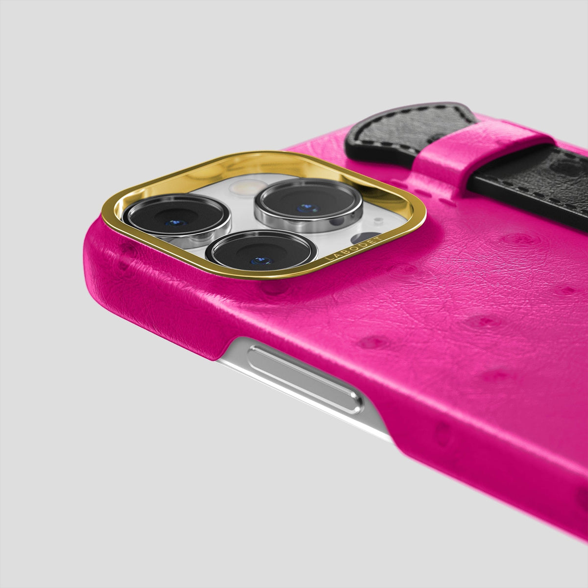 Fuchsia-Black iPhone 14 Pro Max Handle Case Colore Ostrich with Gold Metal -2 | Fuchsia-Black-Gold