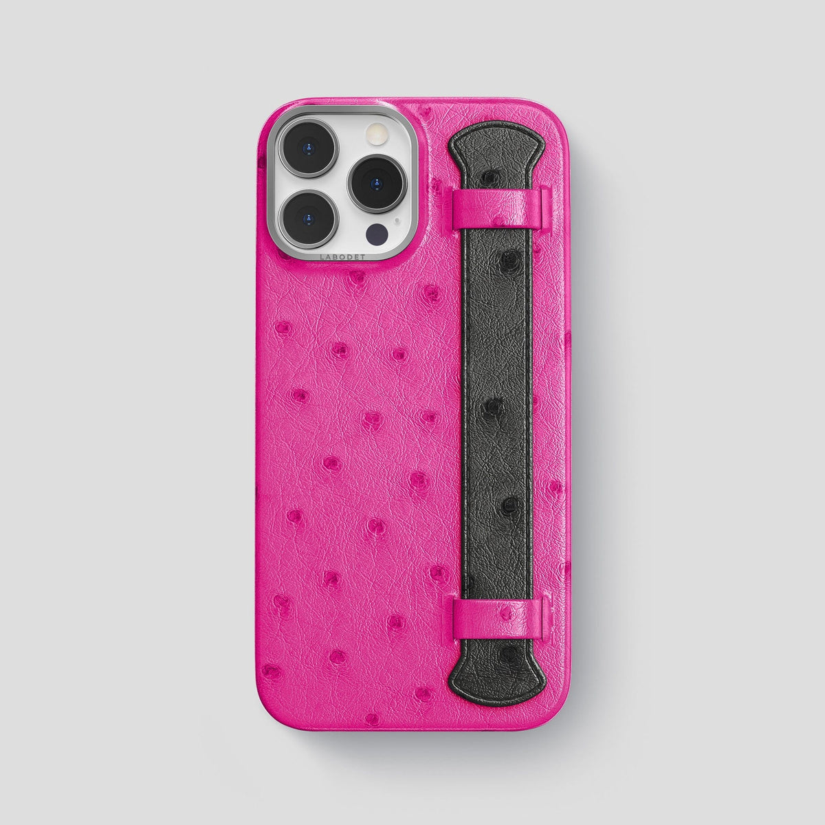 Fuchsia-Black iPhone 14 Pro Max Handle Case Colore Ostrich with Steel Metal -1 | Fuchsia-Black-Steel