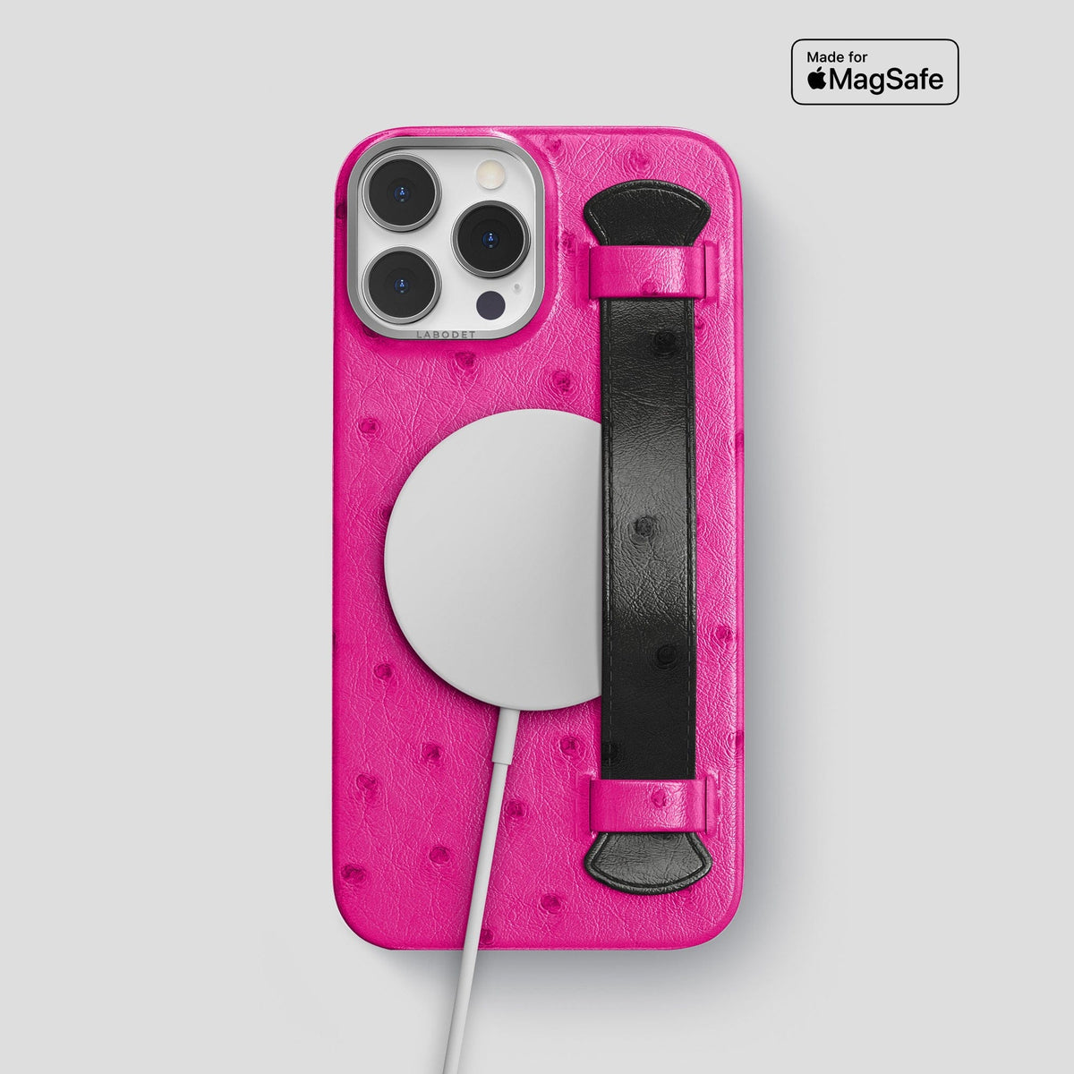 Fuchsia-Black iPhone 15 Pro Max Handle Case Colore Ostrich with Steel Metal -5 | Fuchsia-Black-Steel