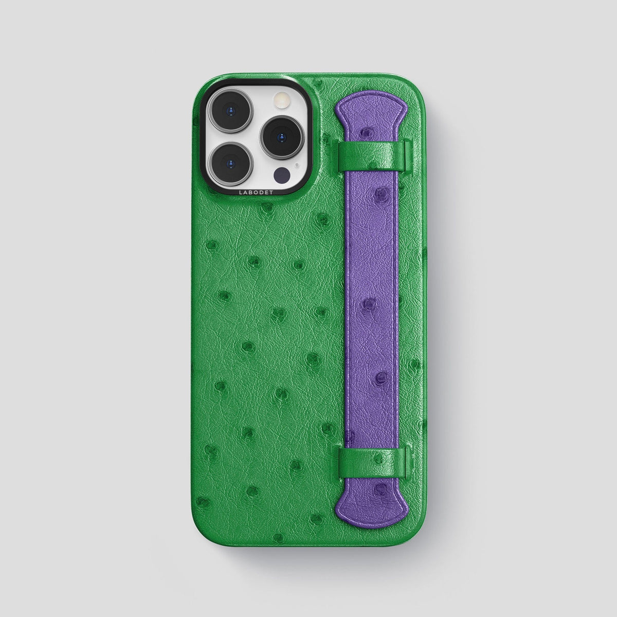 Kentucky-Green-Purple iPhone 15 Pro Max Handle Case Colore Ostrich with Black Metal -1 | Kentucky-Green-Purple-Black