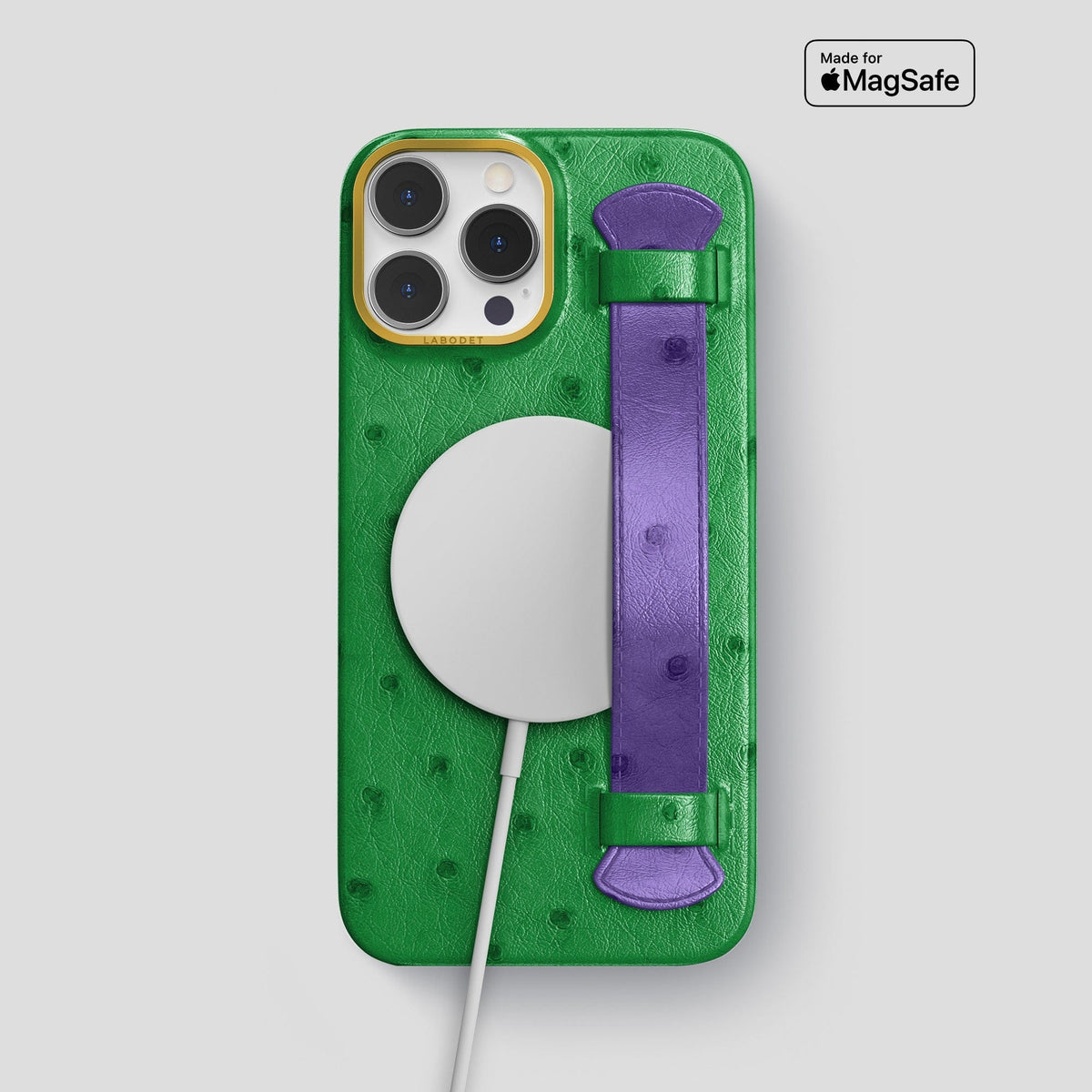 Kentucky-Green-Purple iPhone 14 Pro Max Handle Case Colore Ostrich with Gold Metal -3 | Kentucky-Green-Purple-Gold