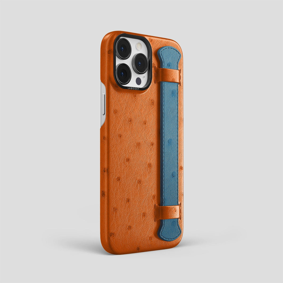 Medium-Brown-Blue-Jeans iPhone 15 Pro Max Handle Case Colore Ostrich with Black Metal -2 | Medium-Brown-Blue-Jeans-Black