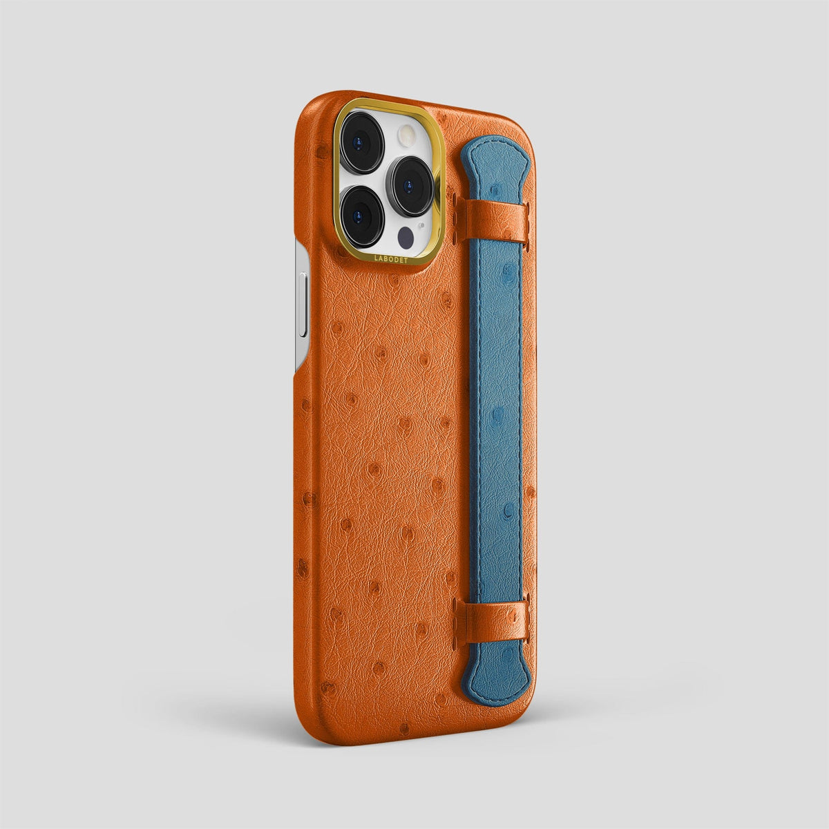 Medium-Brown-Blue-Jeans iPhone 14 Pro Max Handle Case Colore Ostrich with Gold Metal -2 | Medium-Brown-Blue-Jeans-Gold
