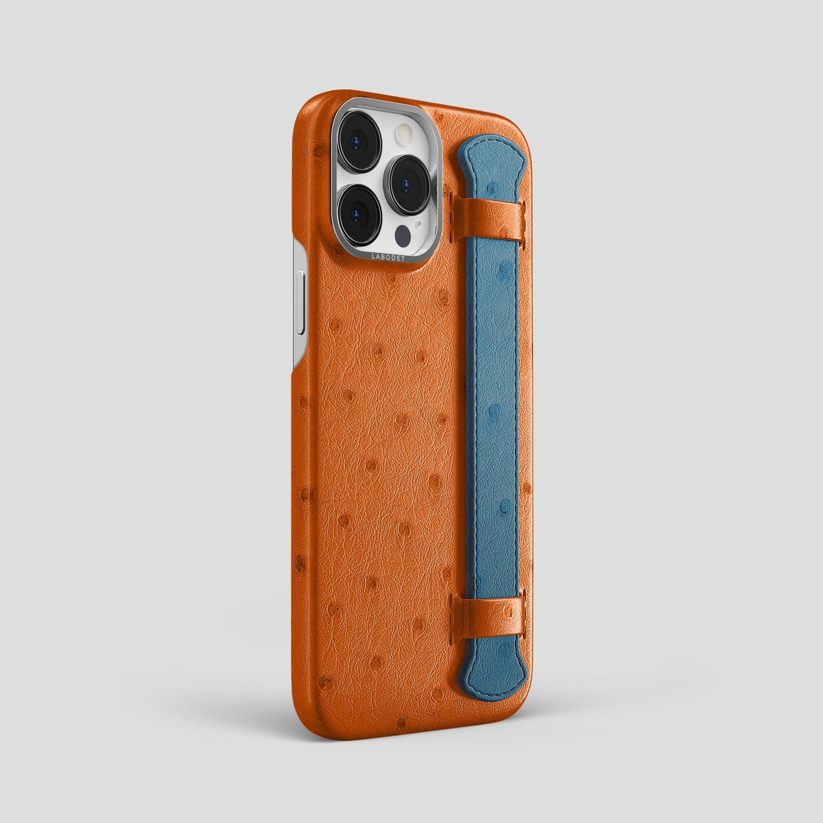 Medium-Brown-Blue-Jeans iPhone 15 Pro Max Handle Case Colore Ostrich with Steel Metal -2 | Medium-Brown-Blue-Jeans-Steel