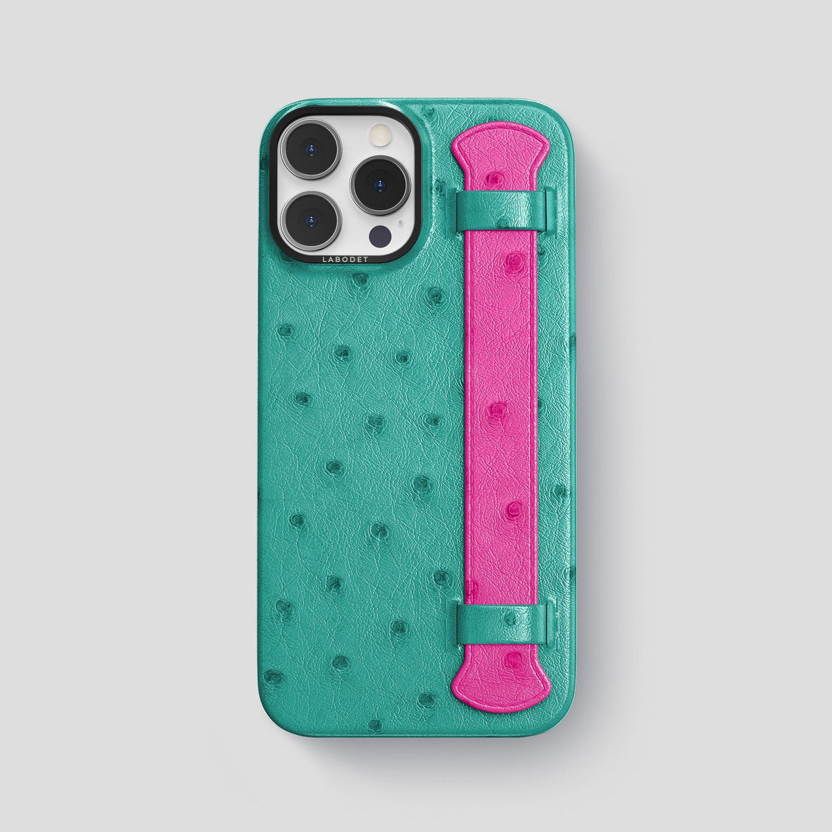 Turquoise-Fuchsia iPhone 14 Pro Max Handle Case Colore Ostrich with Black Metal -1 | Turquoise-Fuchsia-Black