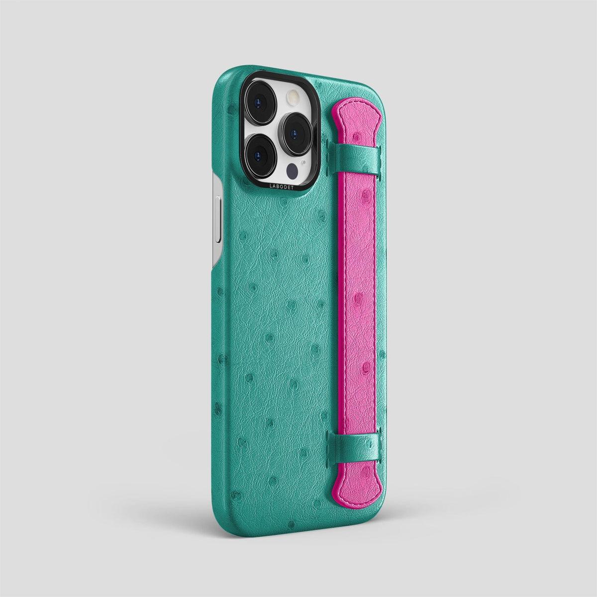 Turquoise-Fuchsia iPhone 14 Pro Max Handle Case Colore Ostrich with Black Metal -2 | Turquoise-Fuchsia-Black
