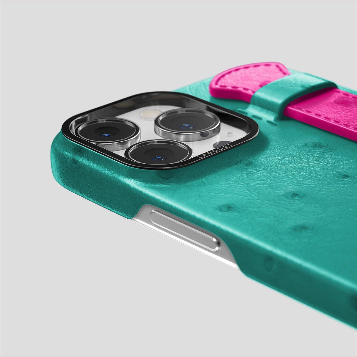Turquoise-Fuchsia iPhone 14 Pro Max Handle Case Colore Ostrich with Black Metal -6 | Turquoise-Fuchsia-Black