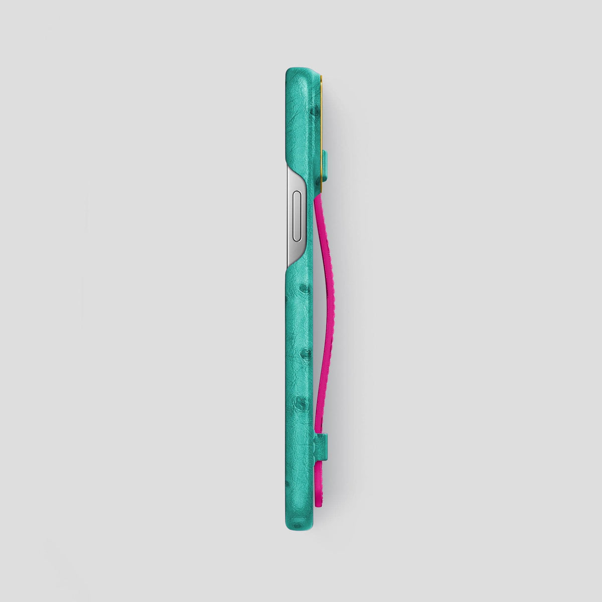 Turquoise-Fuchsia iPhone 15 Pro Max Handle Case Colore Ostrich with Gold Metal -3 | Turquoise-Fuchsia-Gold