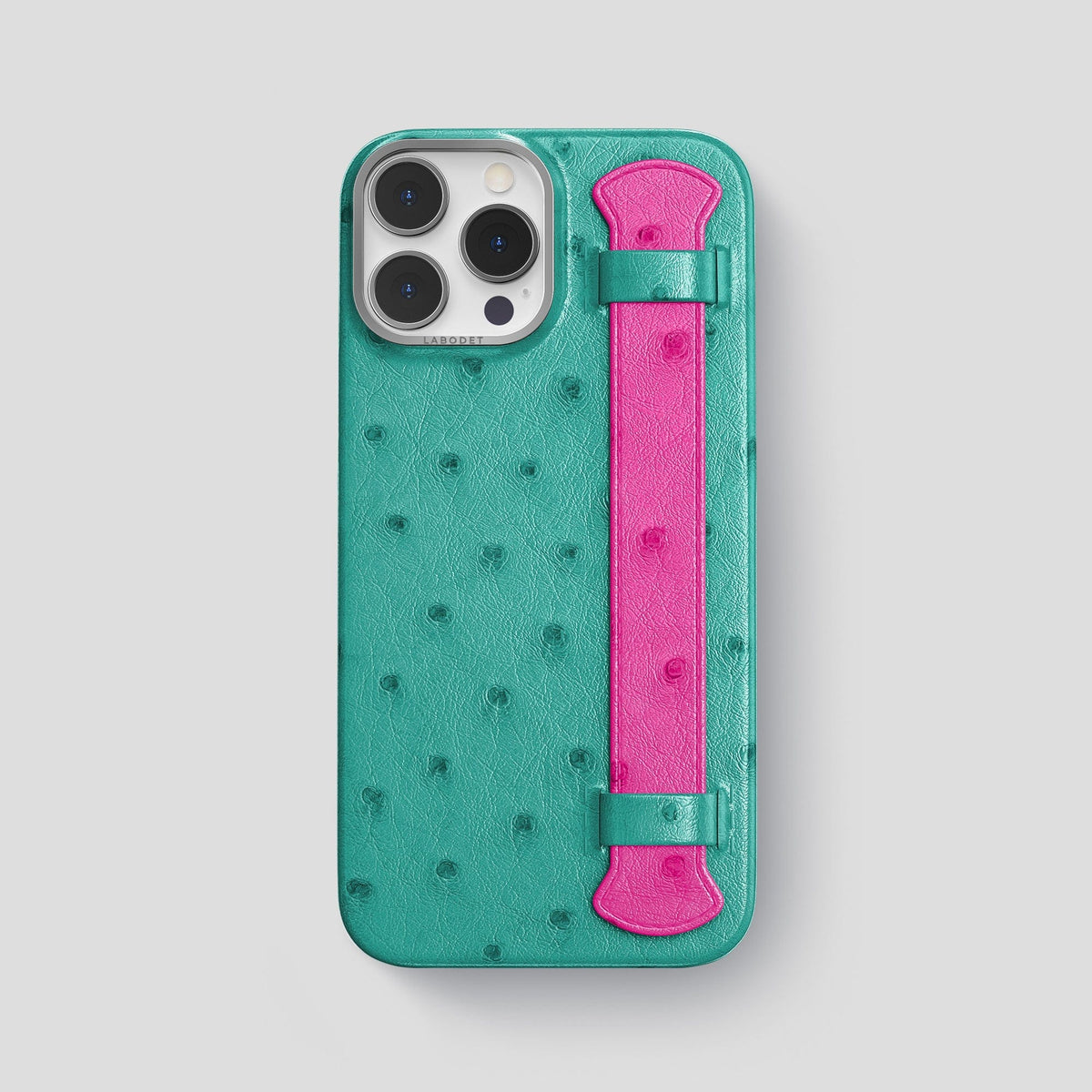Turquoise-Fuchsia iPhone 14 Pro Max Handle Case Colore Ostrich with Steel Metal -1 | Turquoise-Fuchsia-Steel