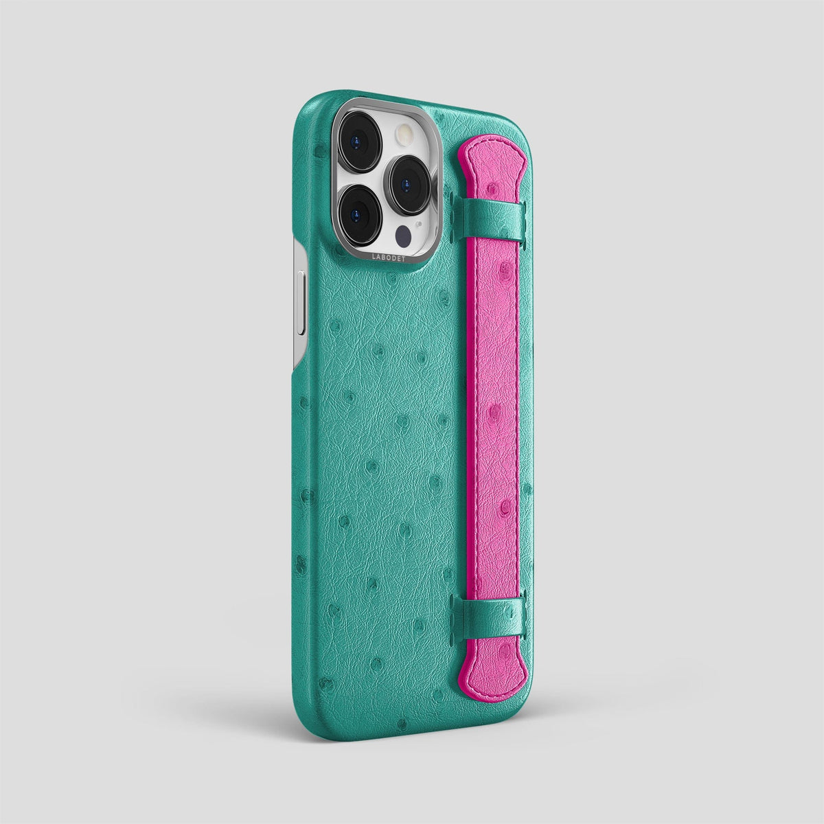Turquoise-Fuchsia iPhone 14 Pro Max Handle Case Colore Ostrich with Steel Metal -2 | Turquoise-Fuchsia-Steel