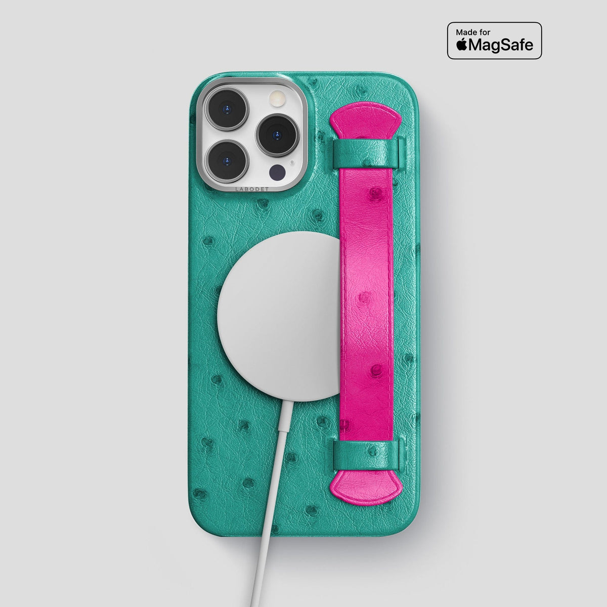 Turquoise-Fuchsia iPhone 15 Pro Max Handle Case Colore Ostrich with Steel Metal -5 | Turquoise-Fuchsia-Steel