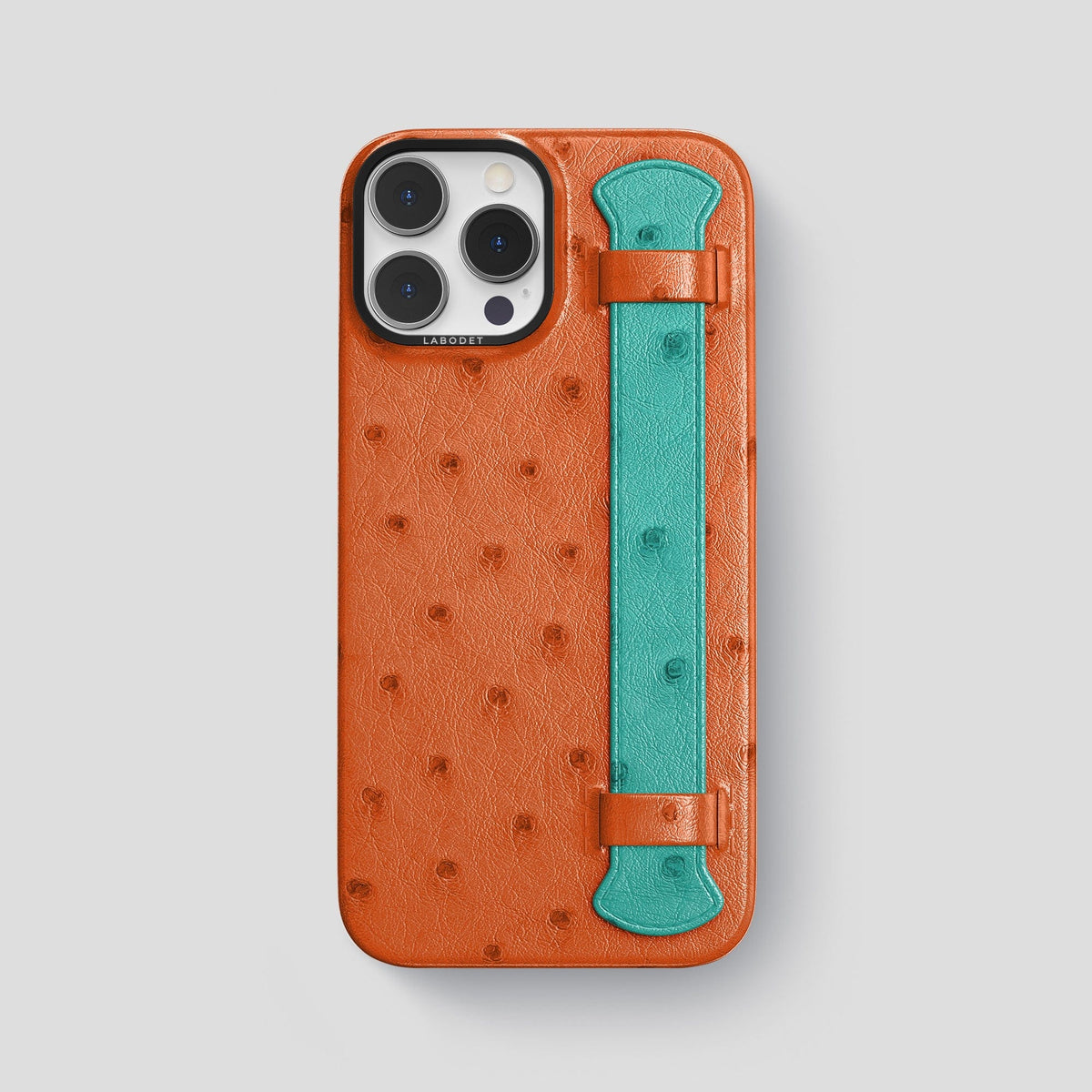 Orange-Turquoise iPhone 14 Pro Max Handle Case Colore Ostrich with Black Metal -1 | Orange-Turquoise-Black