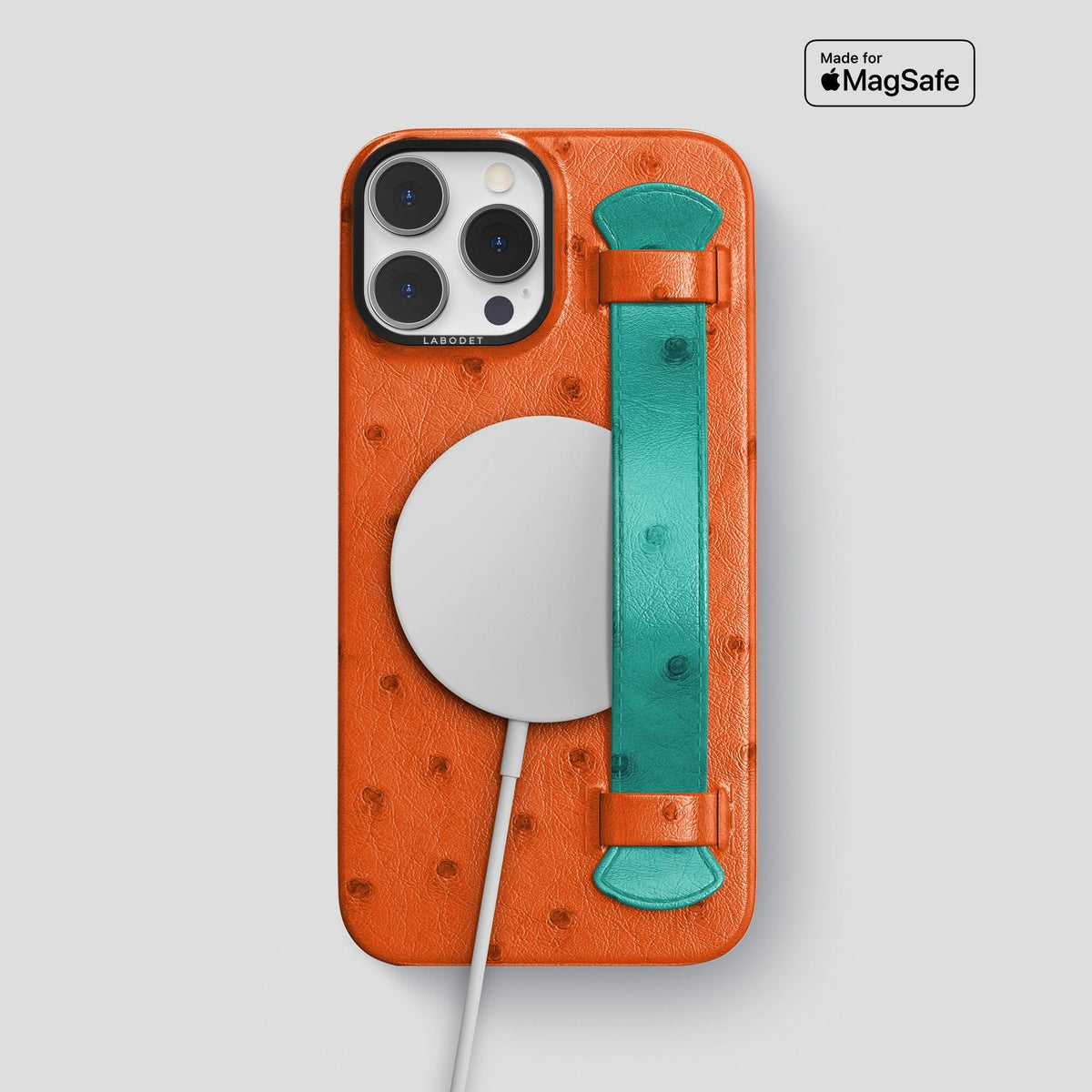 Orange-Turquoise iPhone 15 Pro Max Handle Case Colore Ostrich with Black Metal -5 | Orange-Turquoise-Black