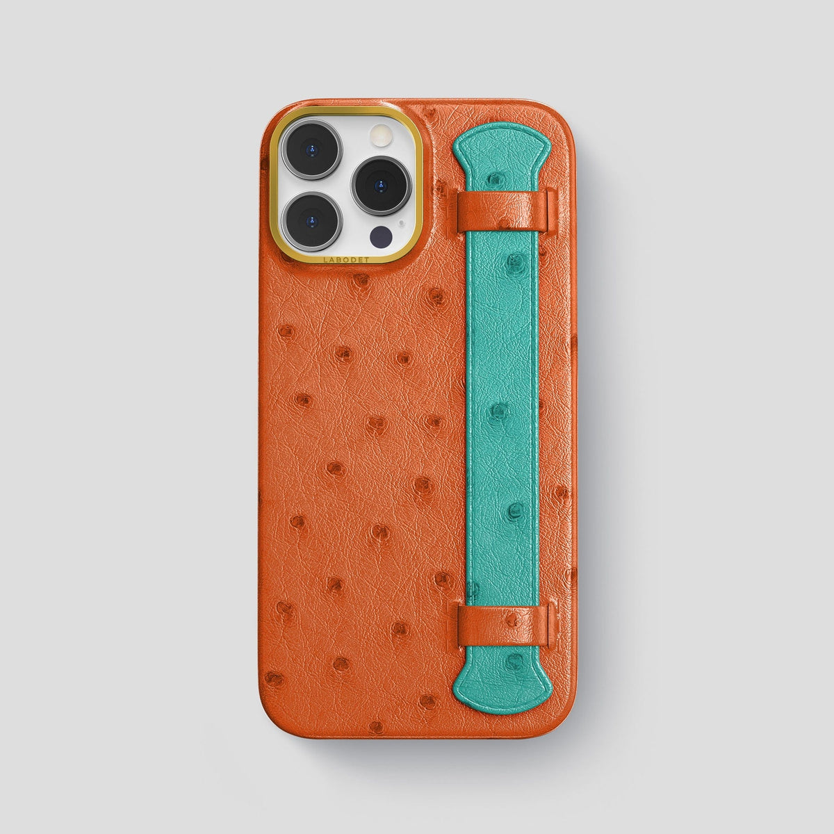 Orange-Turquoise iPhone 14 Pro Max Handle Case Colore Ostrich with Gold Metal -1 | Orange-Turquoise-Gold