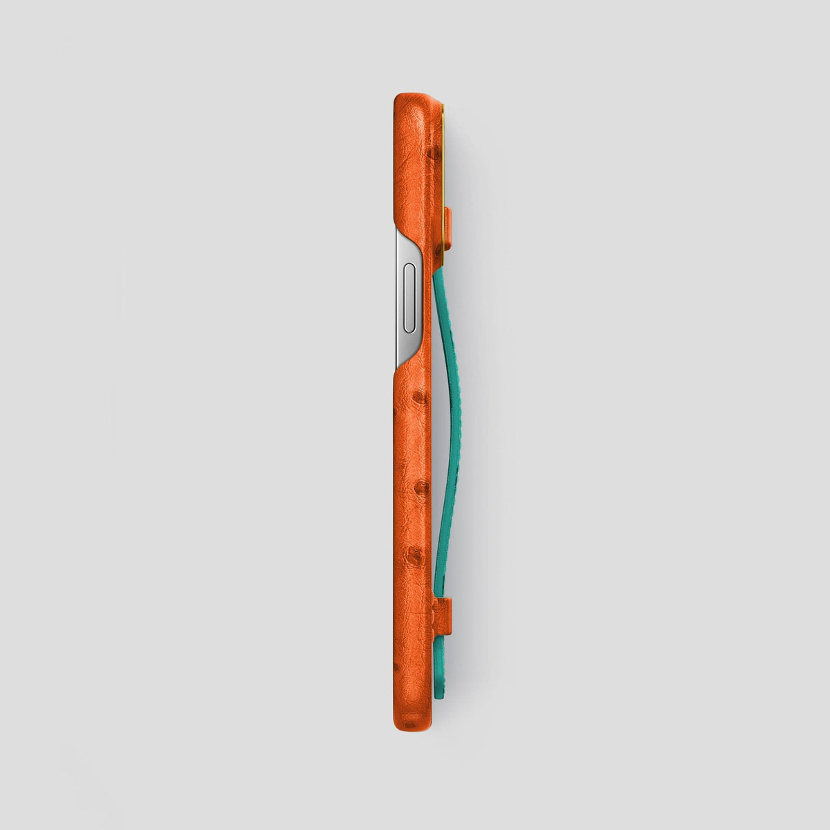 Orange-Turquoise iPhone 14 Pro Max Handle Case Colore Ostrich with Gold Metal -3 | Orange-Turquoise-Gold