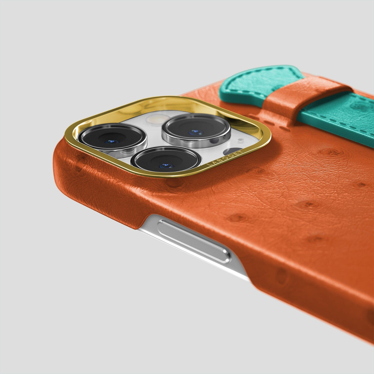 Orange-Turquoise iPhone 15 Pro Max Handle Case Colore Ostrich with Gold Metal -6 | Orange-Turquoise-Gold
