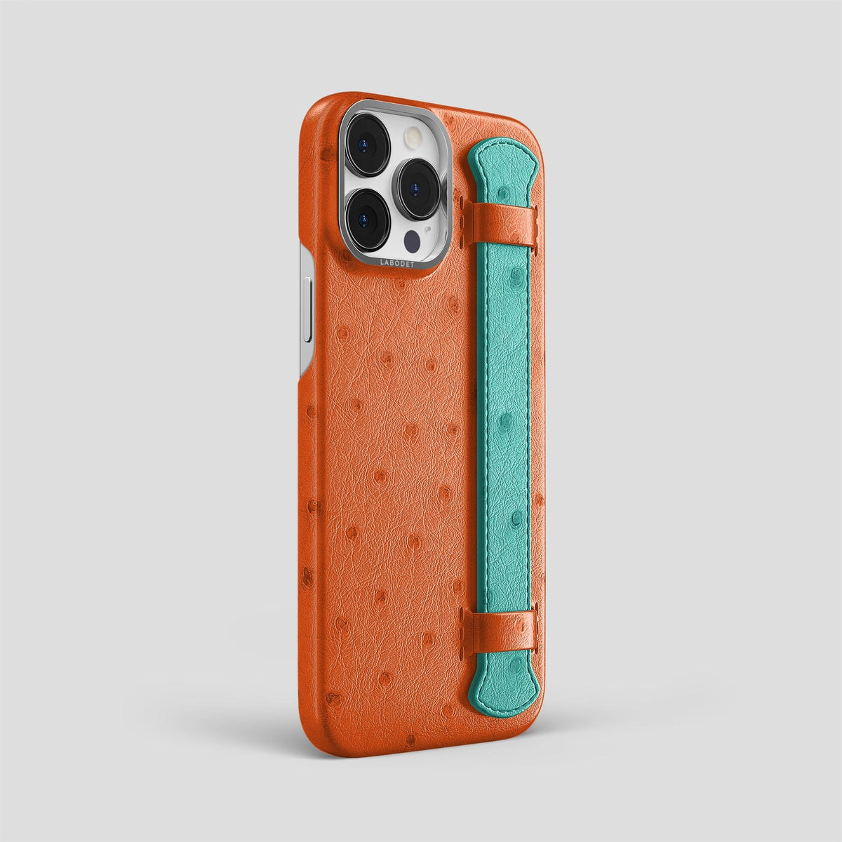 Orange-Turquoise iPhone 14 Pro Max Handle Case Colore Ostrich with Steel Metal -2 | Orange-Turquoise-Steel