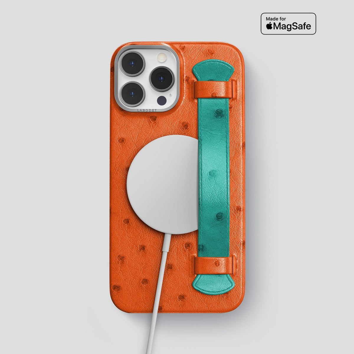 Orange-Turquoise iPhone 14 Pro Max Handle Case Colore Ostrich with Steel Metal -3 | Orange-Turquoise-Steel