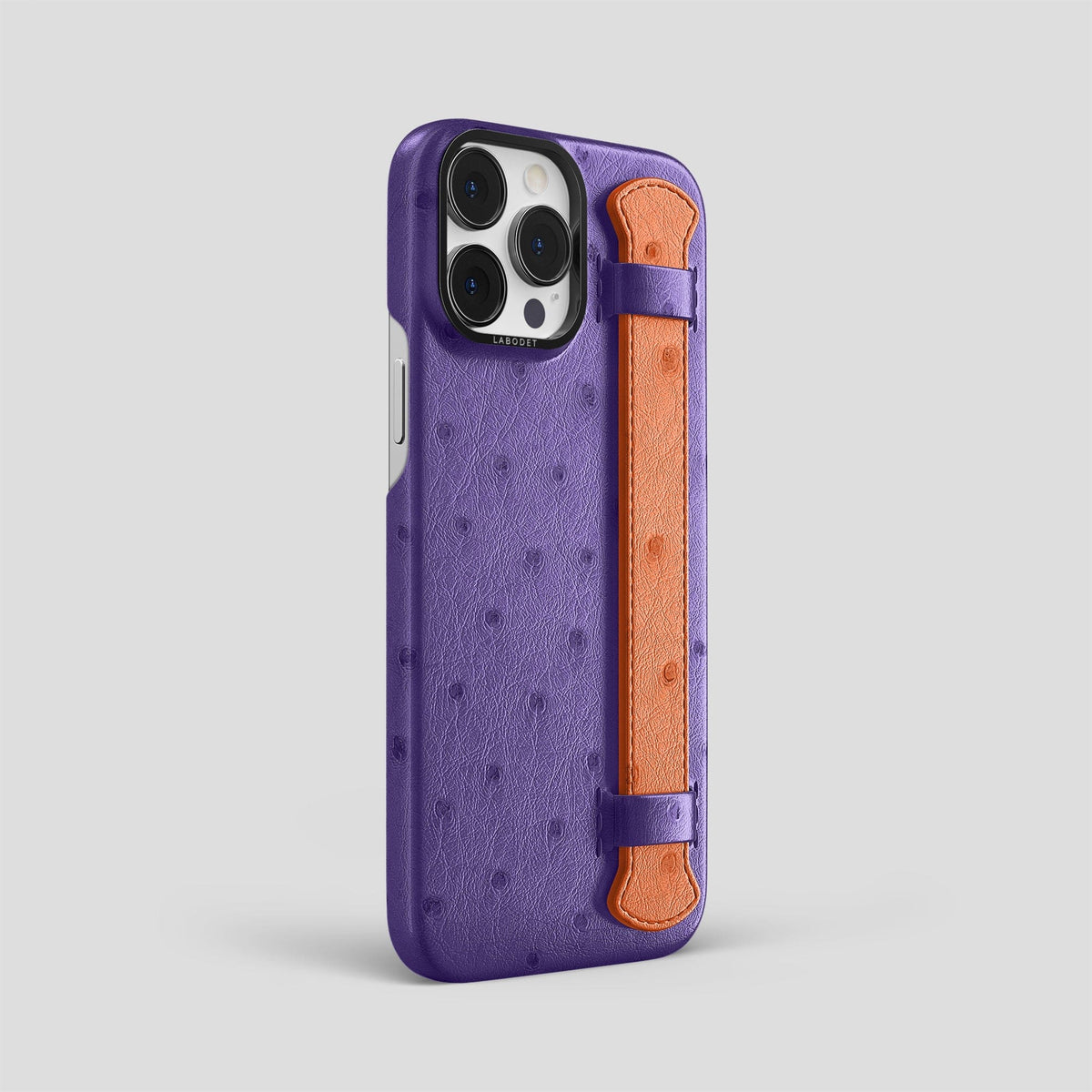 Purple-Orange iPhone 15 Pro Max Handle Case Colore Ostrich with Black Metal -2 | Purple-Orange-Black