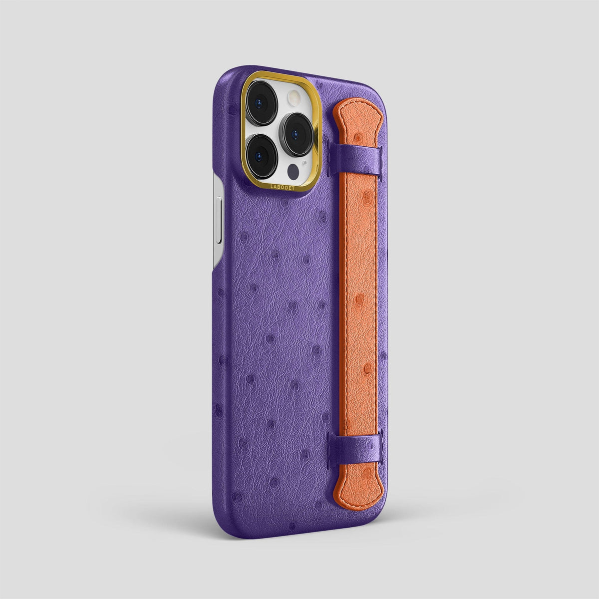 Purple-Orange iPhone 14 Pro Max Handle Case Colore Ostrich with Gold Metal -2 | Purple-Orange-Gold
