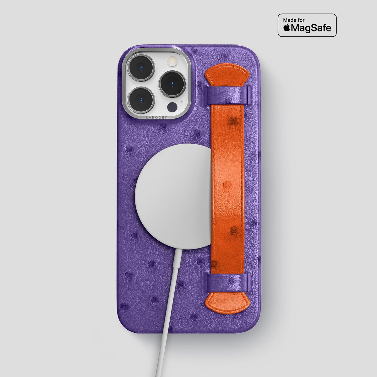 Purple-Orange iPhone 14 Pro Max Handle Case Colore Ostrich with Steel Metal -5 | Purple-Orange-Steel