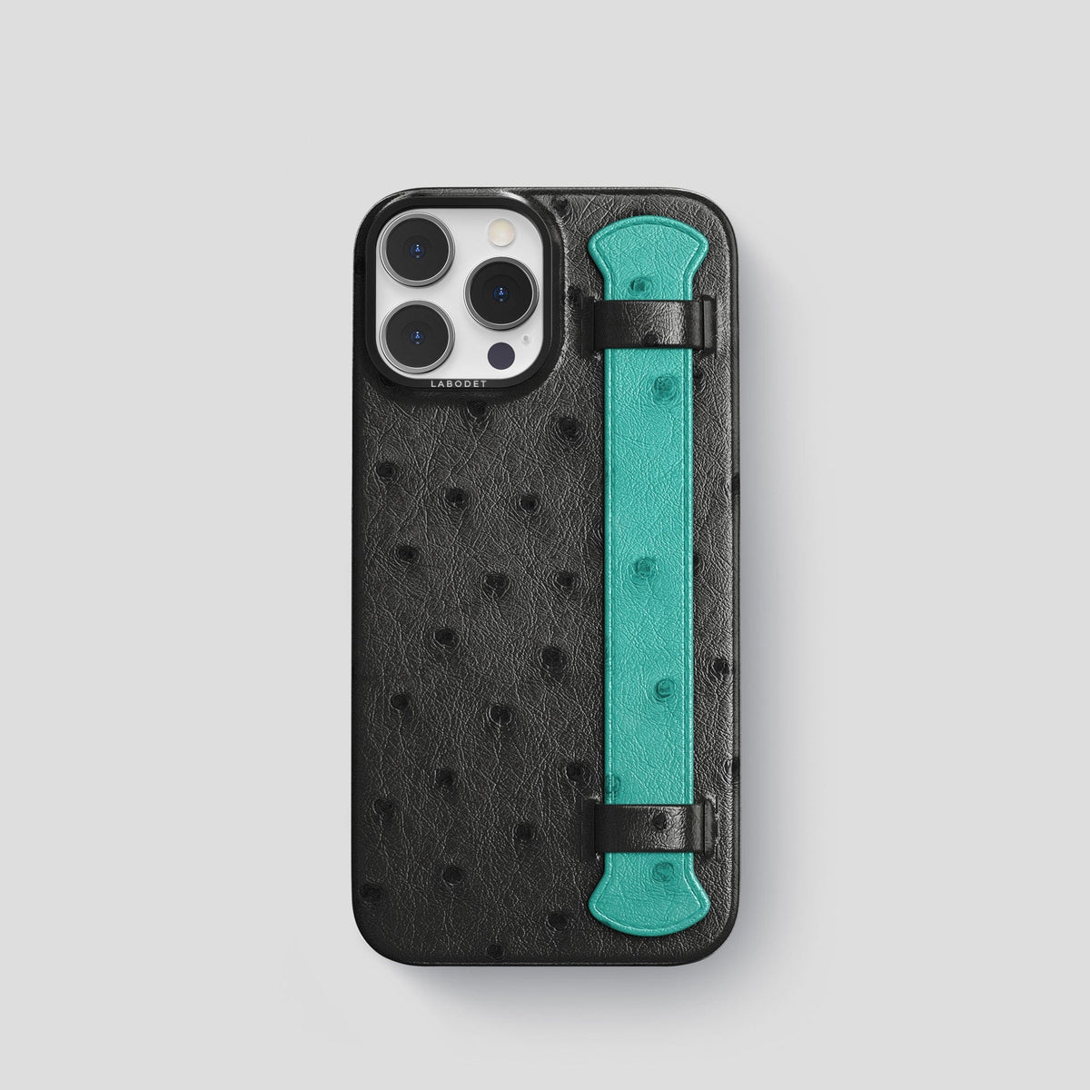 Black-Turquoise iPhone 15 Pro Handle Case Colore Ostrich with Black Metal -1 | Black-Turquoise-Black