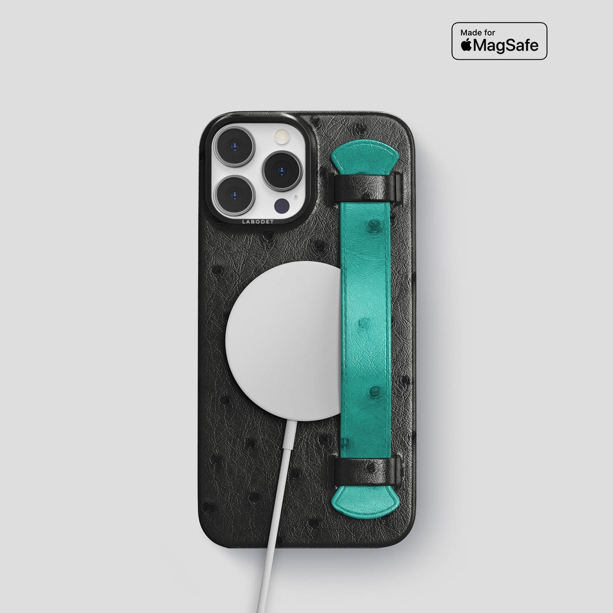 Black-Turquoise iPhone 15 Pro Handle Case Colore Ostrich with Black Metal -5 | Black-Turquoise-Black