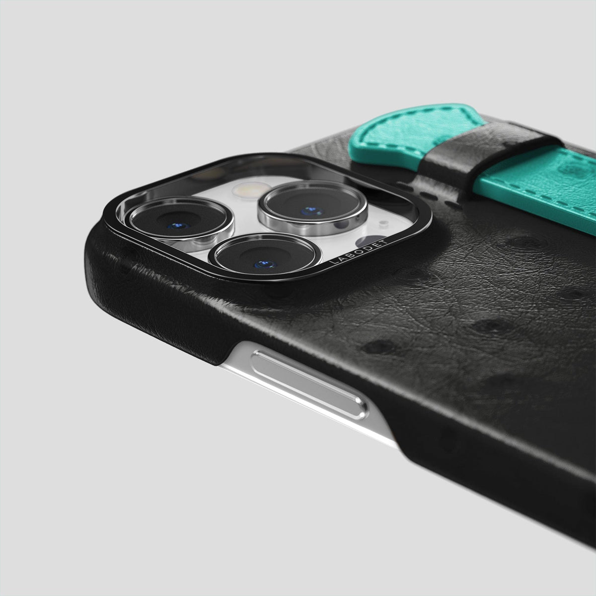 Black-Turquoise iPhone 15 Pro Handle Case Colore Ostrich with Black Metal -6 | Black-Turquoise-Black