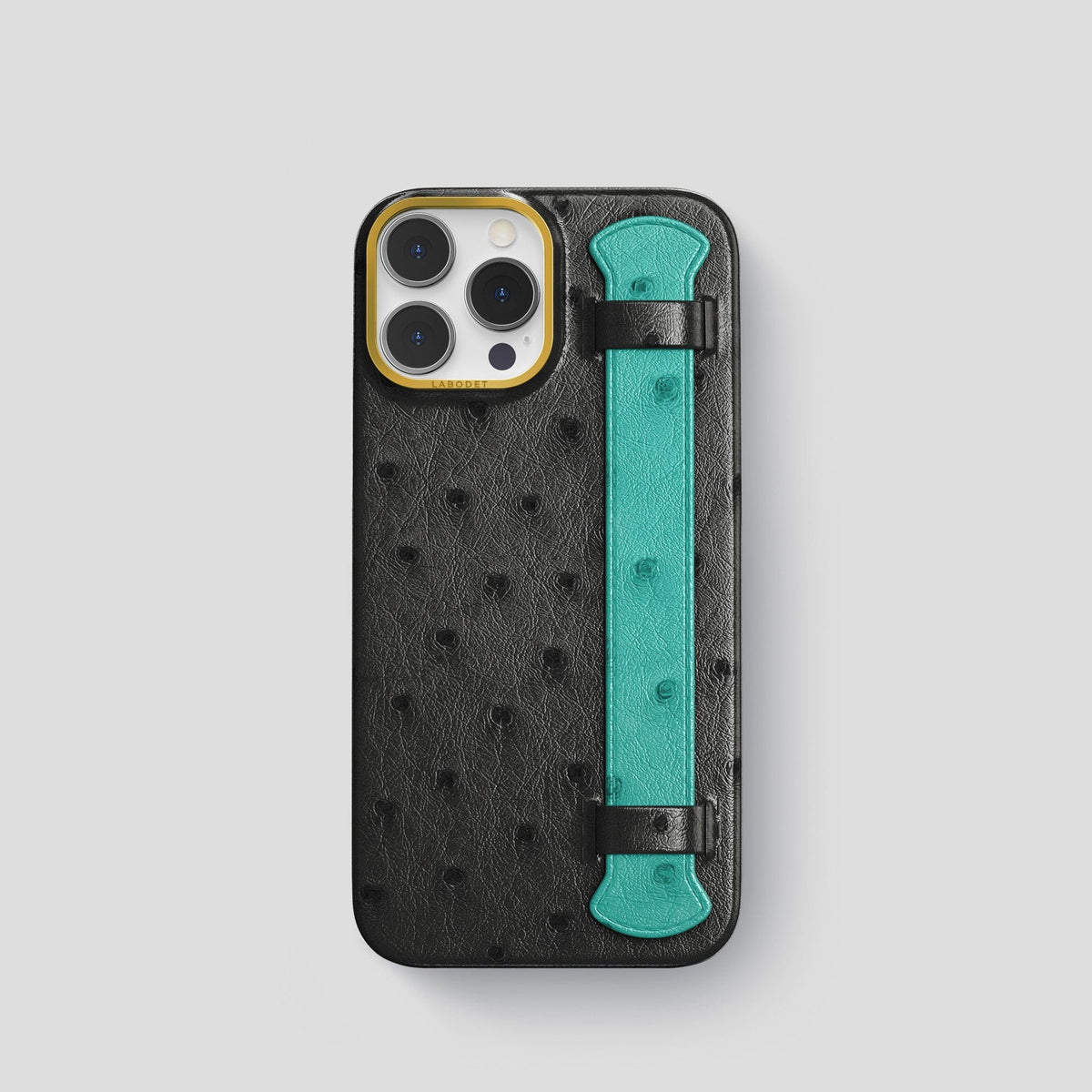 Black-Turquoise iPhone 15 Pro Handle Case Colore Ostrich with Gold Metal -1 | Black-Turquoise-Gold