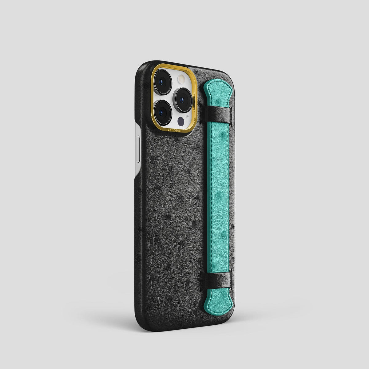 Black-Turquoise iPhone 14 Pro Handle Case Colore Ostrich with Gold Metal -2 | Black-Turquoise-Gold