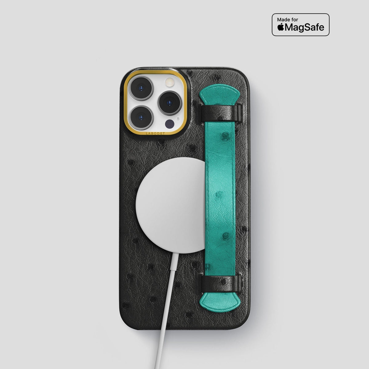 Black-Turquoise iPhone 14 Pro Handle Case Colore Ostrich with Gold Metal -2 | Black-Turquoise-Gold