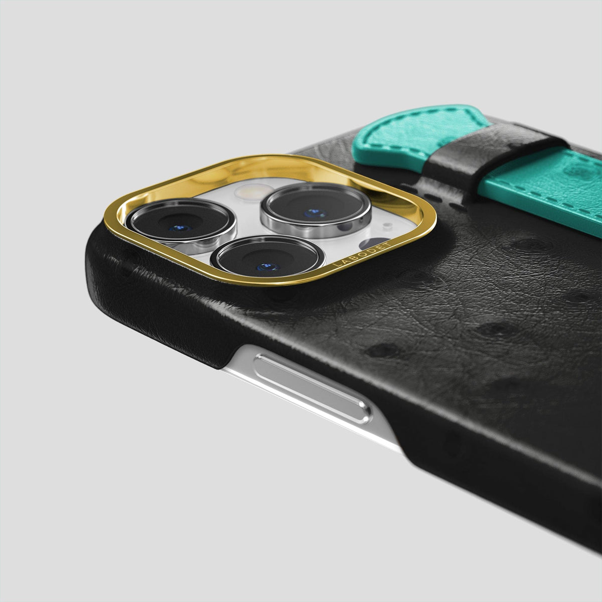 Black-Turquoise iPhone 15 Pro Handle Case Colore Ostrich with Gold Metal -6 | Black-Turquoise-Gold