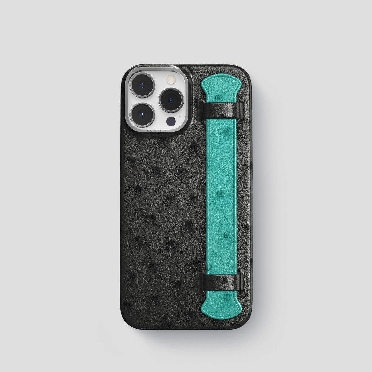 Black-Turquoise iPhone 15 Pro Handle Case Colore Ostrich with Steel Metal -1 | Black-Turquoise-Steel