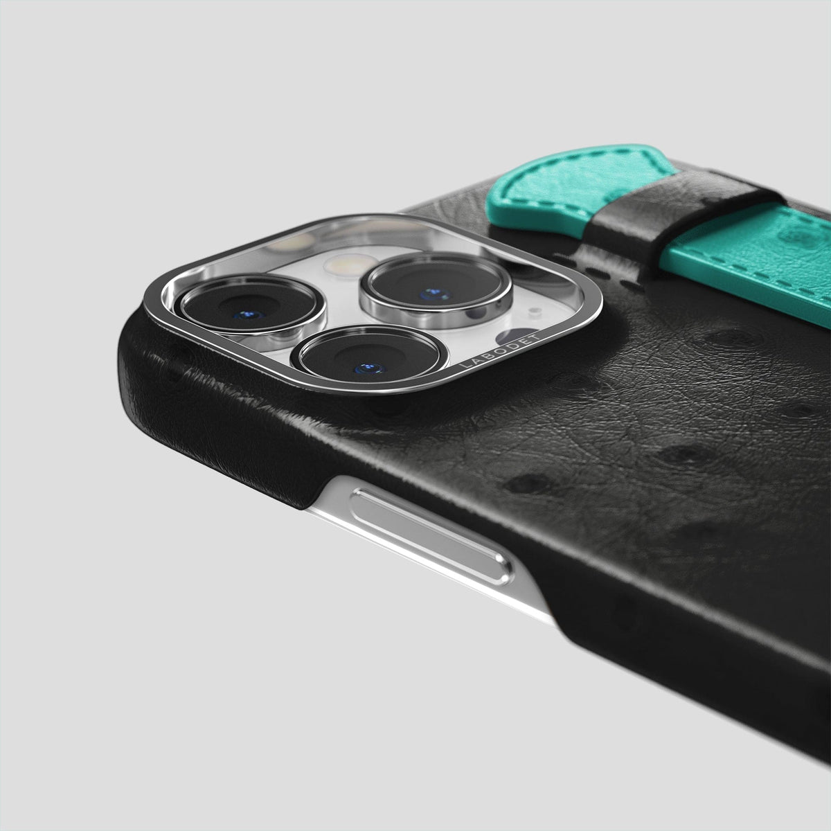 Black-Turquoise iPhone 15 Pro Handle Case Colore Ostrich with Steel Metal -6 | Black-Turquoise-Steel