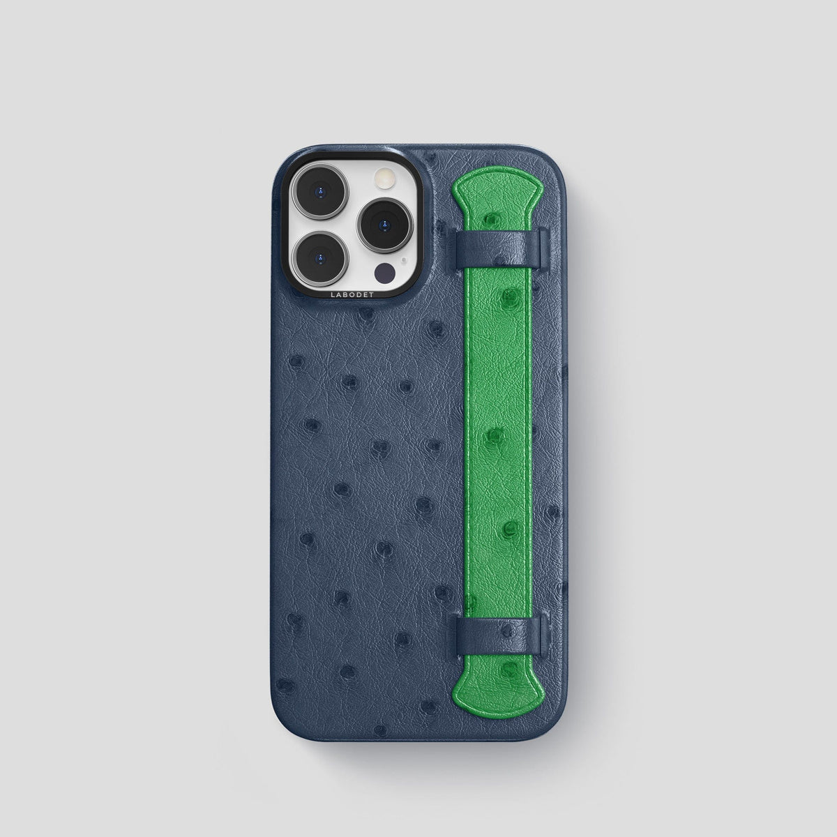 Navy-Blue-Kentucky-Green iPhone 15 Pro Handle Case Colore Ostrich with Black Metal -1 | Navy-Blue-Kentucky-Green-Black