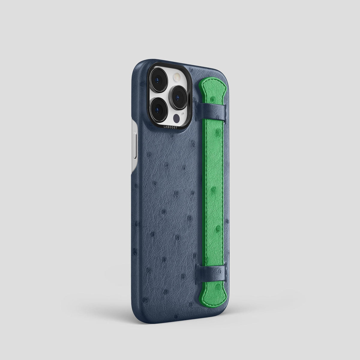 Navy-Blue-Kentucky-Green iPhone 14 Pro Handle Case Colore Ostrich with Black Metal -2 | Navy-Blue-Kentucky-Green-Black