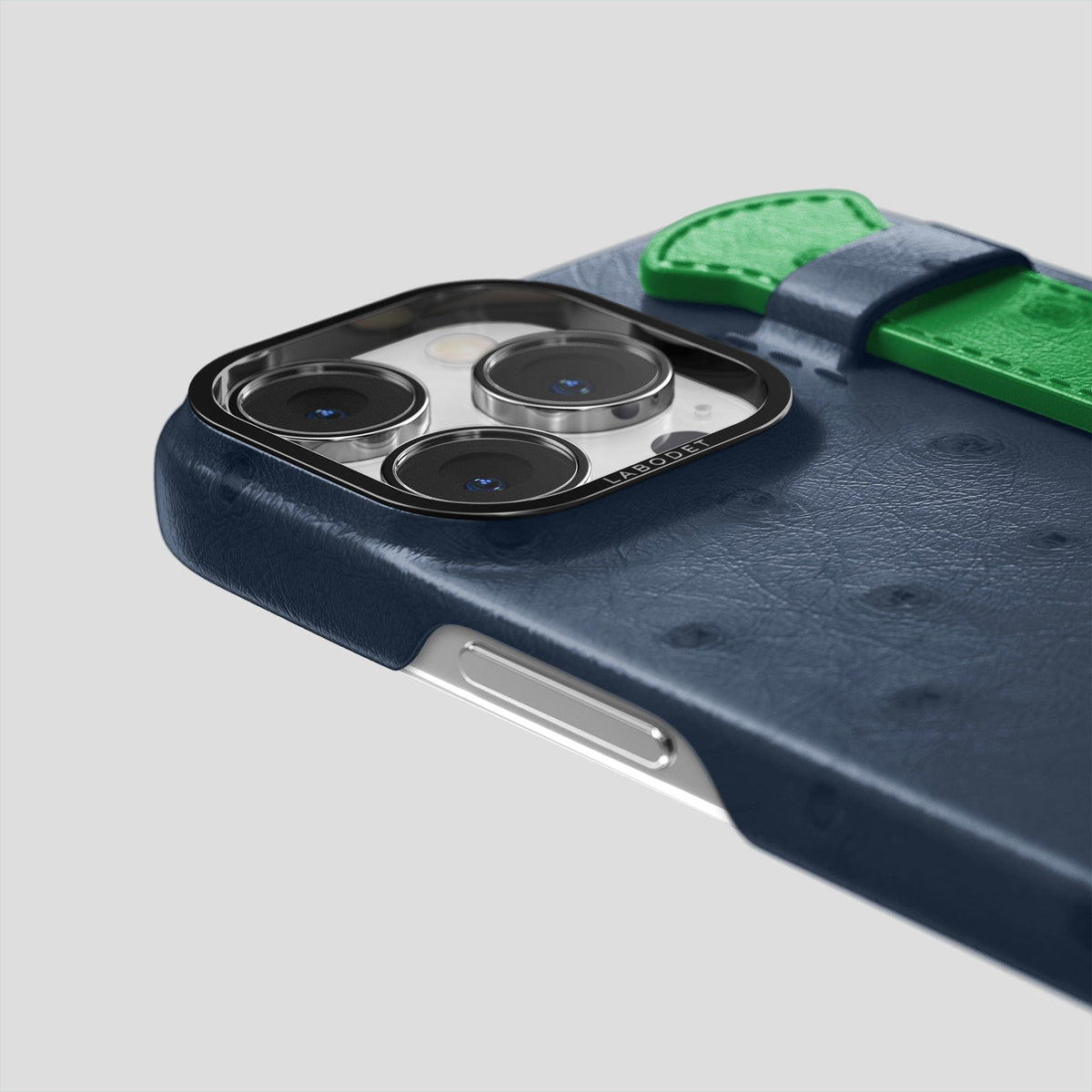 Navy-Blue-Kentucky-Green iPhone 15 Pro Handle Case Colore Ostrich with Black Metal -6 | Navy-Blue-Kentucky-Green-Black