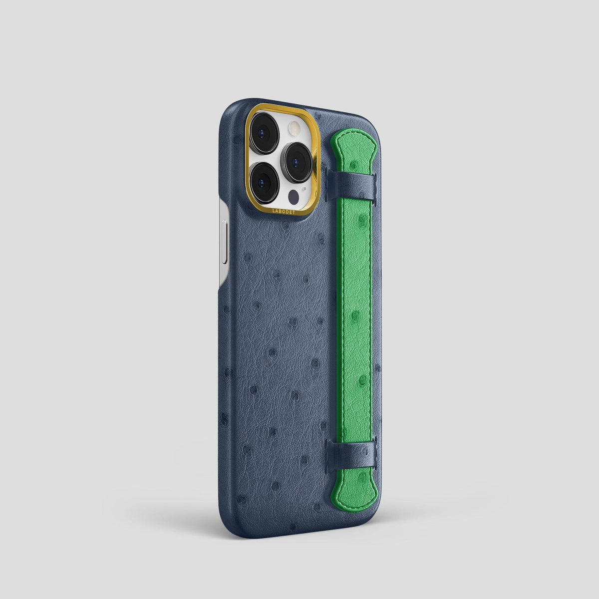 Navy-Blue-Kentucky-Green iPhone 15 Pro Handle Case Colore Ostrich with Gold Metal -2 | Navy-Blue-Kentucky-Green-Gold
